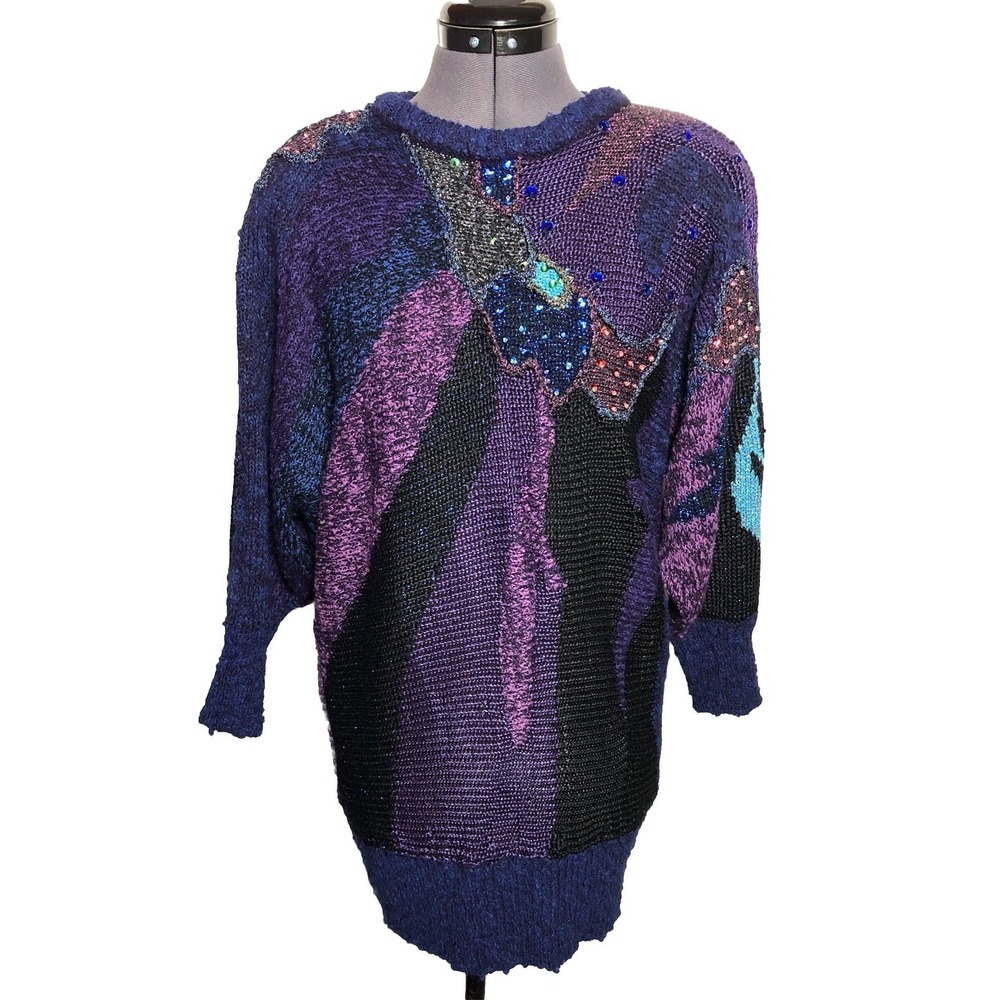 Vtg 80s Funky Statement Sweater Abstract Art Knit Beaded Glam Novelty M‎ B44